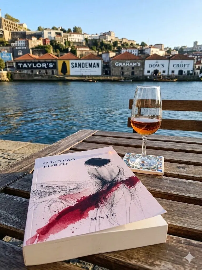 Livro O Último Porto com um copo de vinho do Porto junto às caves de Gaia, com vista para o rio Douro